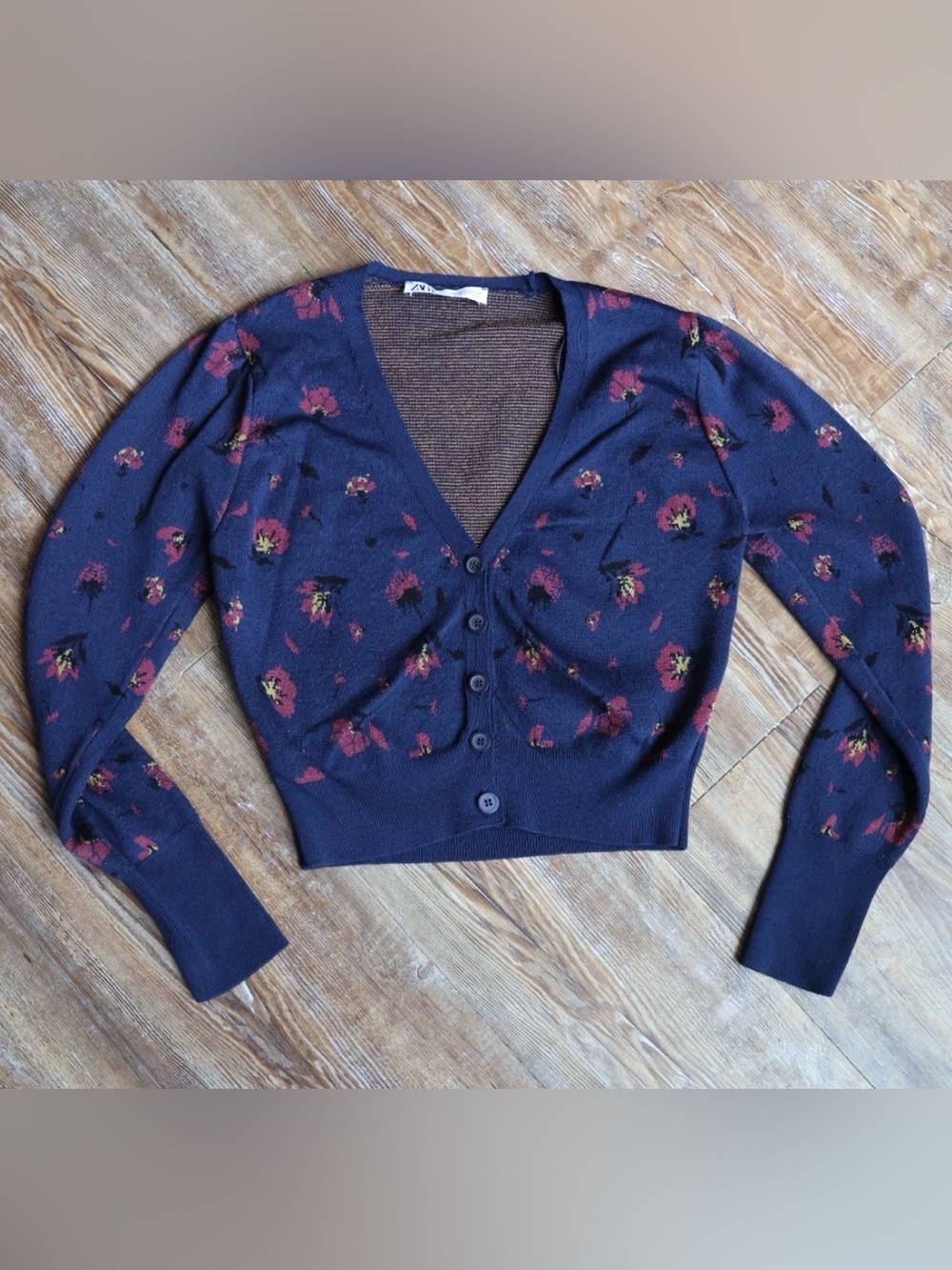 Zara Womens Small Blue Floral Knit Cardigan Sweater V Neck Button Front Cropped